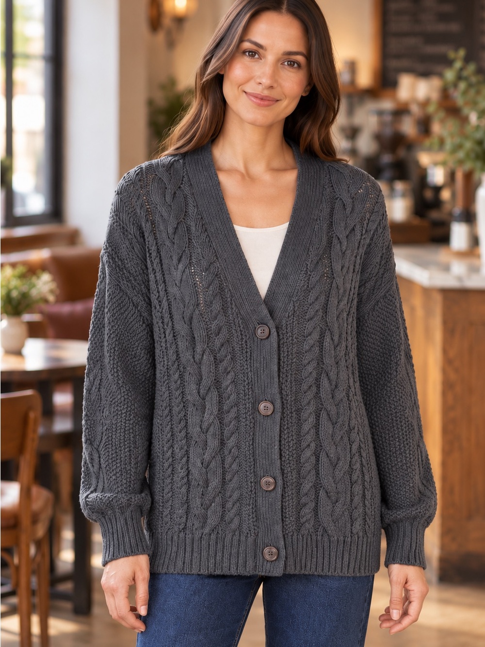 Quince XL Organic Cotton Oversized Cable Knit Cardigan Charcoal Gray Preppy
